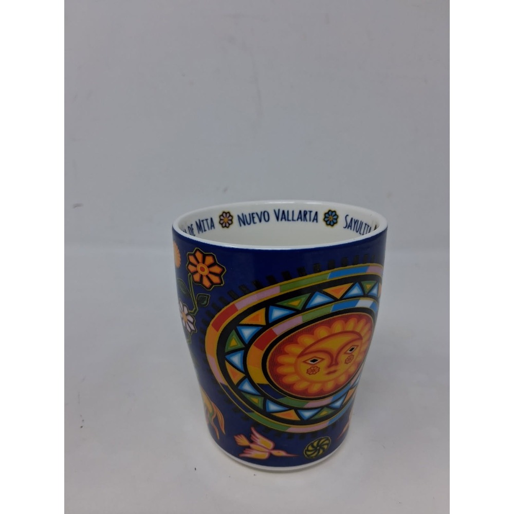 Mexican Folk Art Coffee Mug Puerto Vallarta Sayulita Sun Moon Blue Ceramic
